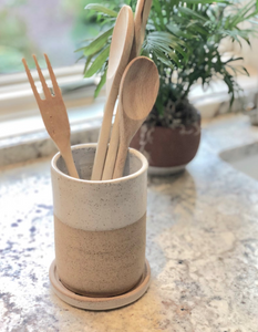 Utensil Caddy/Flower Vase with Vase Frog - White Glaze on Natural Clay Body