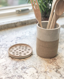 Utensil Caddy/Flower Vase with Vase Frog - White Glaze on Natural Clay Body