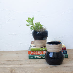 Pedestal Pots - Set of 2 - Black Glaze on Natural Clay Body