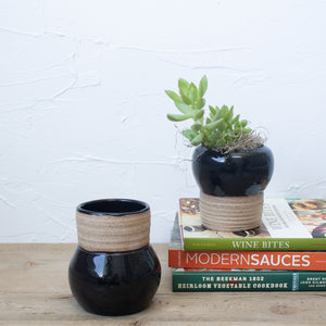 Pedestal Pots - Set of 2 - Black Glaze on Natural Clay Body