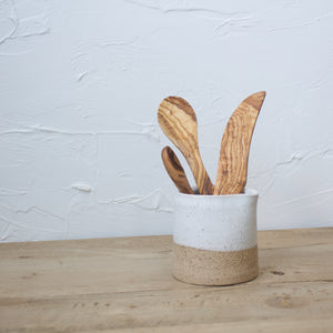 Pitcher with Olive Wood Garnish Utensils - White Glaze on Natural Clay Body