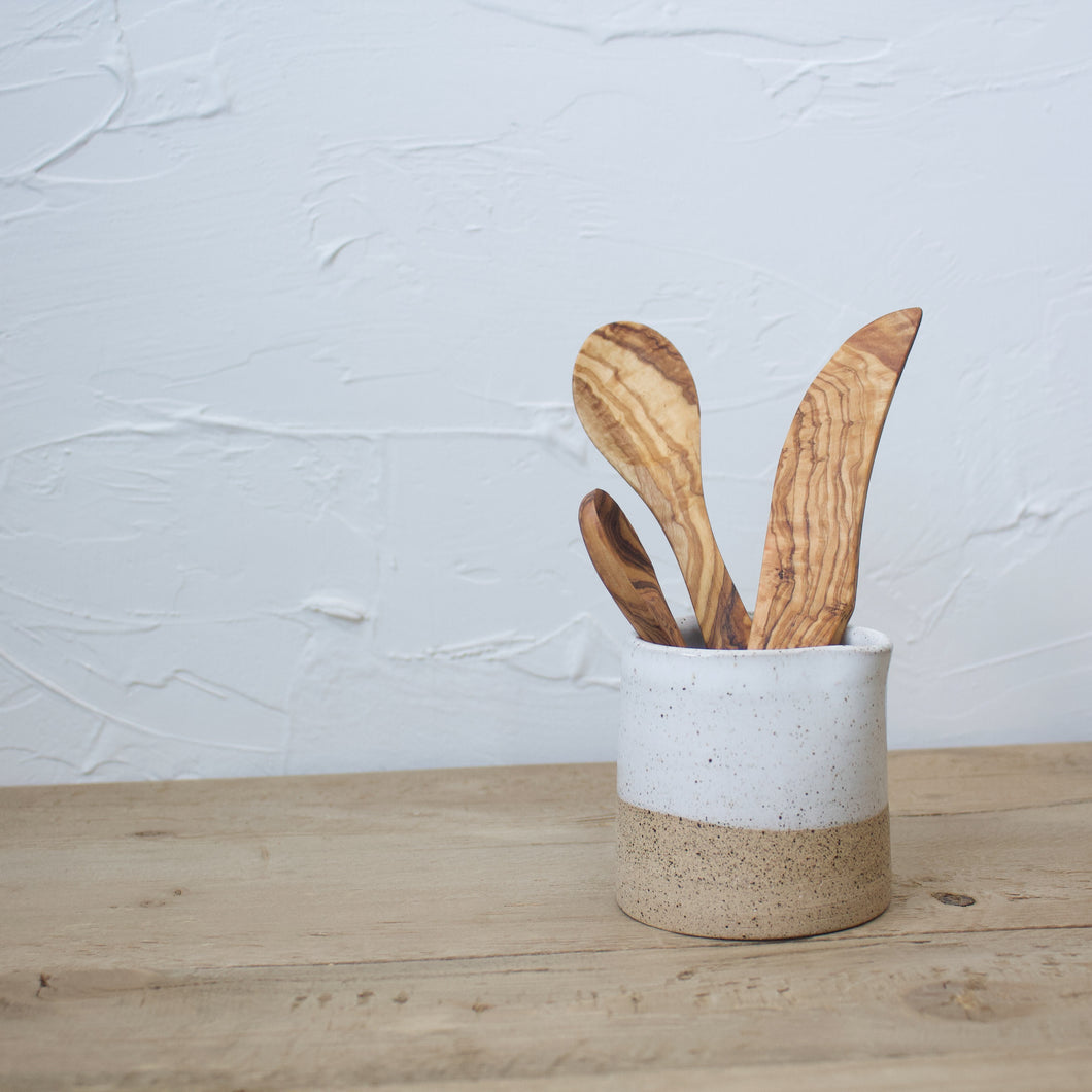 Pitcher with Olive Wood Garnish Utensils - White Glaze on Natural Clay Body