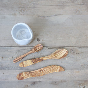 Pitcher with Olive Wood Garnish Utensils - White Glaze on Natural Clay Body