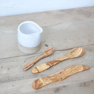 Pitcher with Olive Wood Garnish Utensils - White Glaze on Natural Clay Body