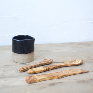 Pitcher with Olive Wood Garnish Utensils - Black Glaze on Natural Clay Body