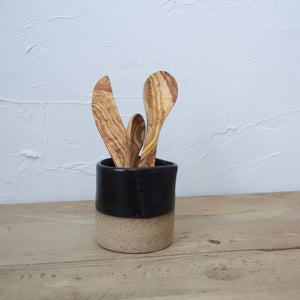 Pitcher with Olive Wood Garnish Utensils - Black Glaze on Natural Clay Body