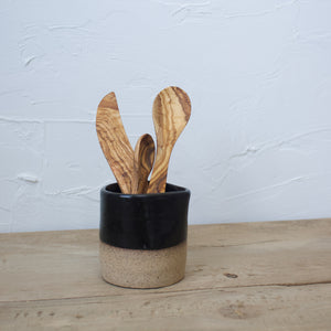 Pitcher with Olive Wood Garnish Utensils - Black Glaze on Natural Clay Body