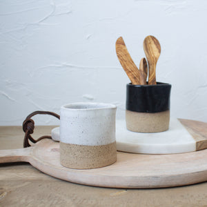 Pitcher with Olive Wood Garnish Utensils - White Glaze on Natural Clay Body