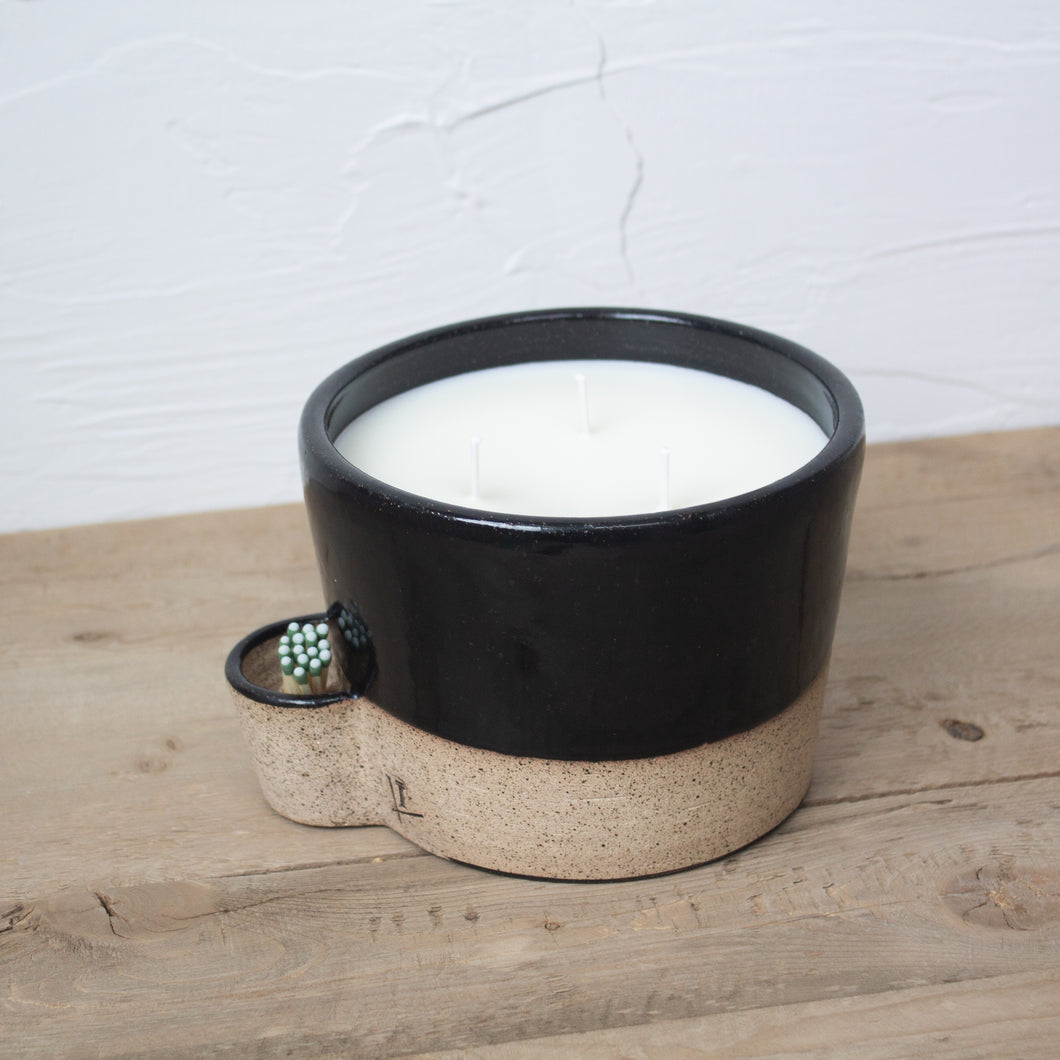 Match Striker Candle - Jumbo Triple Wick - Black Glaze on Natural Clay Body